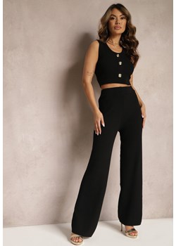 Czarne Szerokie Spodnie z Wysokim Stanem Gumką w Pasie Faelantia ze sklepu Renee odzież w kategorii Spodnie damskie - zdjęcie 170777531