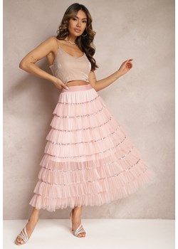 Różowa Rozkloszowana Spódnica Maxi z Falbankami i Cekinami Noobi ze sklepu Renee odzież w kategorii Spódnice - zdjęcie 170788600