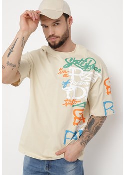 Beżowa Koszulka z Bawełny Ozdobiona Nadrukiem Halconie ze sklepu Born2be Odzież w kategorii T-shirty męskie - zdjęcie 170790114