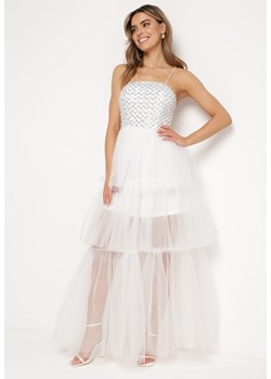 Biała Sukienka Maxi z Tiulowymi Falbanami i Ozdobnymi Cekinami Joliette ze sklepu Born2be Odzież w kategorii Sukienki - zdjęcie 170791211