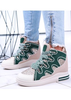 Sznurowane beżowo zielone trampki sneakersy na niskim koturnie /F5-3 15821 D430/ ze sklepu Pantofelek24.pl w kategorii Buty sportowe damskie - zdjęcie 170813843