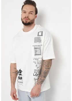 Biała Koszulka z Bawełny z Krótkim Rękawem i Nadrukiem Heulwen ze sklepu Born2be Odzież w kategorii T-shirty męskie - zdjęcie 170819744