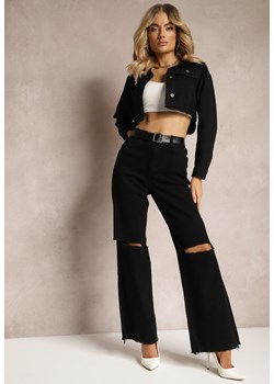 Czarne Szerokie Spodnie z Bawełny High Waist z Rozcięciami na Kolanach Javenna ze sklepu Renee odzież w kategorii Spodnie damskie - zdjęcie 170820121