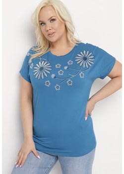 Niebieski Bawełniany T-shirt Nietoperz Ozdobiony Cyrkoniami Rinada ze sklepu Born2be Odzież w kategorii Bluzki damskie - zdjęcie 170825693