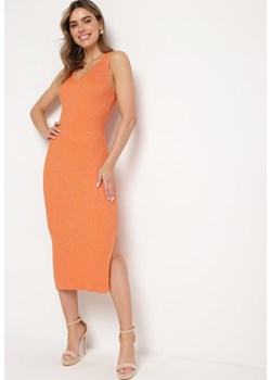 Pomarańczowa Sukienka Bodycon z Prążkowanej Lekkiej Dzianiny z Metaliczną Nitką Ithiles ze sklepu Born2be Odzież w kategorii Sukienki - zdjęcie 170825801