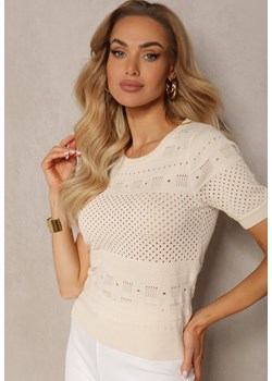 Beżowa Klasyczna Bluzka w Ażurowy Wzór Lidakra ze sklepu Renee odzież w kategorii Bluzki damskie - zdjęcie 170826202
