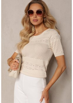 Beżowa Klasyczna Bluzka w Ażurowy Wzór Lidakra ze sklepu Renee odzież w kategorii Bluzki damskie - zdjęcie 170826203