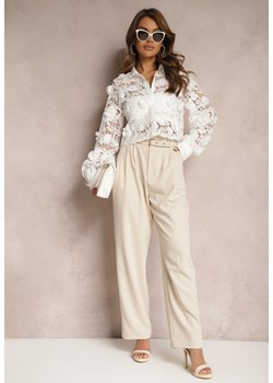 Beżowe Spodnie High Waist w Stylu Garniturowym z Paskami i Klamerkami Daklena ze sklepu Renee odzież w kategorii Spodnie damskie - zdjęcie 170833752