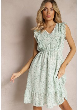 Zielona Rozkloszowana Sukienka z Gumką w Pasie i Falbankami Ulaia ze sklepu Renee odzież w kategorii Sukienki - zdjęcie 170833882