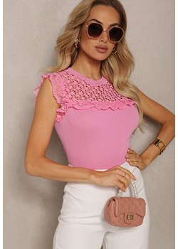 Różowa Bluzka Top z Falbankami z Ażurowym Wzorem przy Rękawach Karilada ze sklepu Renee odzież w kategorii Bluzki damskie - zdjęcie 170833942