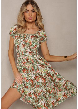 Jasnozielona Bawełniana Sukienka z Hiszpańskim Dekoltem Gumką w Pasie i Roślinnym Printem Zalissa ze sklepu Renee odzież w kategorii Sukienki - zdjęcie 170834400