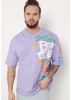 Fioletowa Koszulka z Bawełny Ozdobiona Nadrukiem Halconie ze sklepu Born2be Odzież w kategorii T-shirty męskie - zdjęcie 170836031