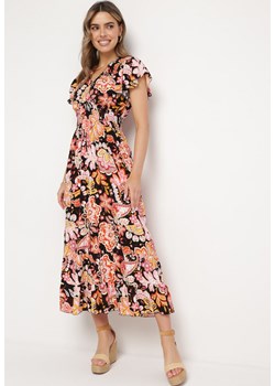 Czarno-Różowa Sukienka z Bawełny z Kolorowym Wzorem Gumką w Talii i Kopertowym Dekoltem Melliana ze sklepu Born2be Odzież w kategorii Sukienki - zdjęcie 170836540