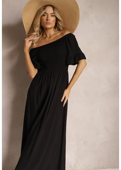 Czarna Sukienka z Bawełny o Hiszpańskim Dekolcie z Marszczeniami i Bufiastymi Rękawami Laiana ze sklepu Renee odzież w kategorii Sukienki - zdjęcie 170859750