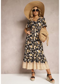 Czarno-Beżowa Rozkloszowana Sukienka Bawełniana w Kwiatki z Gumką w Talii Velama ze sklepu Renee odzież w kategorii Sukienki - zdjęcie 170859771