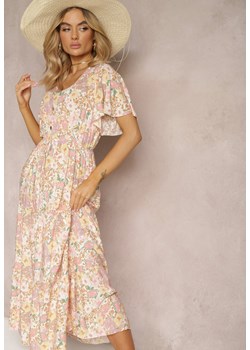 Jasnoróżowa Letnia Sukienka Rozkloszowana z Bawełnianej Tkaniny w Kwiaty Electria ze sklepu Renee odzież w kategorii Sukienki - zdjęcie 170859830