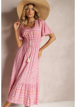 Różowa Sukienka z Bawełny na Lato z Kolorowym Wzorem i Gumką w Pasie Gallatea ze sklepu Renee odzież w kategorii Sukienki - zdjęcie 170859870