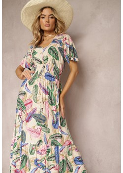 Jasnobeżowa Sukienka z Bawełnianej Tkaniny w Listki o Rozkloszowanym Fasonie Polarima ze sklepu Renee odzież w kategorii Sukienki - zdjęcie 170859880