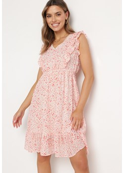 Różowa Sukienka z Trójkątnym Dekoltem Falbankami i Gumką w Pasie Tyrene ze sklepu Born2be Odzież w kategorii Sukienki - zdjęcie 170864680