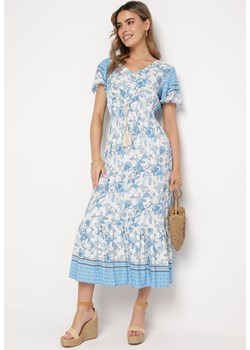 Niebieska Sukienka Bawełniana w Kwiatowy Wzór w Stylu Boho z Gumką w Pasie Maiatia ze sklepu Born2be Odzież w kategorii Sukienki - zdjęcie 170865050