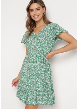 Zielona Sukienka Bawełniana z Gumką w Pasie i Drobnym Wzorem w Kwiaty Napenia ze sklepu Born2be Odzież w kategorii Sukienki - zdjęcie 170865162