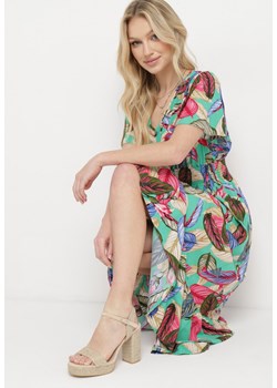 Jasnozielona Bawełniana Sukienka w Kolorowe Listki z Cienkimi Gumkami w Pasie Calipsso ze sklepu Born2be Odzież w kategorii Sukienki - zdjęcie 170865262