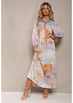 Niebiesko-Fioletowa Długa Sukienka z Szerokimi Rękawami z Gumką i Ozdobnym Marszczeniem Tamiafe ze sklepu Renee odzież w kategorii Sukienki - zdjęcie 170869654