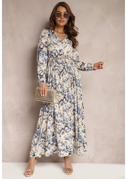Niebiesko-Beżowa Casualowa Sukienka z Plisowanym Dołem Zapinana na Guziki Wykończona Gumką w Pasie Kaustia ze sklepu Renee odzież w kategorii Sukienki - zdjęcie 170869660