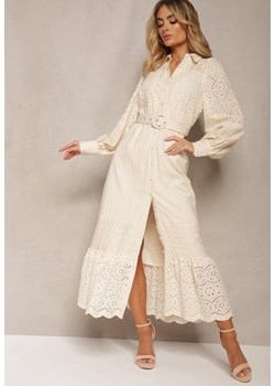 Beżowa Ażurowa Sukienka Koszulowa z Paskiem z Lnu i Wiskozy Arinemes ze sklepu Renee odzież w kategorii Sukienki - zdjęcie 170869703