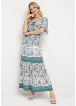 Granatowo-Beżowa Sukienka z Bawełny Wiązana przy Dekolcie z Gumką w Pasie Adhara ze sklepu Born2be Odzież w kategorii Sukienki - zdjęcie 170883134