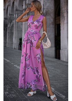 Sukienka maxi szyfonowa z wysokim rozcięciem M781/3, Kolor fioletowy-wzór, Rozmiar L, MOE ze sklepu Primodo w kategorii Sukienki - zdjęcie 170888194