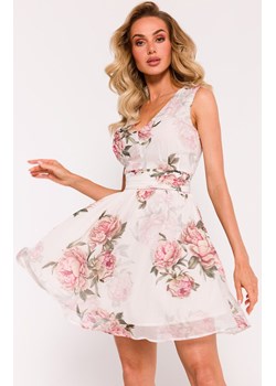 Sukienka mini szyfonowa z dekoltem M782/2, Kolor fioletowy-wzór, Rozmiar L, MOE ze sklepu Primodo w kategorii Sukienki - zdjęcie 170888204