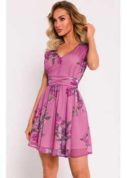 Sukienka mini szyfonowa z dekoltem M782/3, Kolor kremowy-wzór, Rozmiar L, MOE ze sklepu Primodo w kategorii Sukienki - zdjęcie 170888211