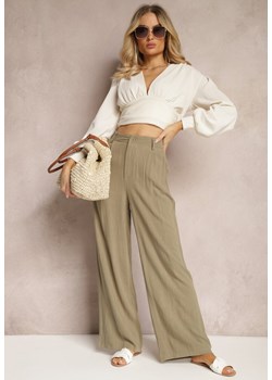 Ciemnozielone Szerokie Spodnie High Waist z Lnu i Wiskozy Apoises ze sklepu Renee odzież w kategorii Spodnie damskie - zdjęcie 170897734