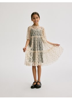 Reserved - Tiulowa sukienka w groszki - kremowy ze sklepu Reserved w kategorii Sukienki dziewczęce - zdjęcie 170904001