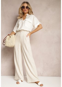 Beżowe Szerokie Spodnie High Waist z Lnu i Wiskozy Apoises ze sklepu Renee odzież w kategorii Spodnie damskie - zdjęcie 170908782
