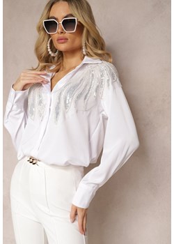 Biała Klasyczna Koszula z Naszywkami Cekinami i Koralikami Sarkia ze sklepu Renee odzież w kategorii Koszule damskie - zdjęcie 170924012