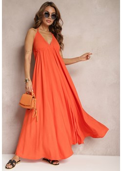 Pomarańczowa Rozkloszowana Sukienka Wiązana na Szyi i Plecach z Wiskozy Weilin ze sklepu Renee odzież w kategorii Sukienki - zdjęcie 170924110