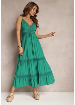 Zielona Długa Sukienka z Bawełny Rozkloszowana na Cienkich Ramiączkach Partiea ze sklepu Renee odzież w kategorii Sukienki - zdjęcie 170924120