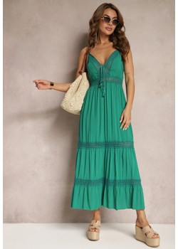 Zielona Długa Sukienka z Bawełny Rozkloszowana na Cienkich Ramiączkach Partiea ze sklepu Renee odzież w kategorii Sukienki - zdjęcie 170924121