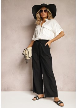 Czarne Szerokie Spodnie z Lnem i Bawełną z Gumką w Talii Axidata ze sklepu Renee odzież w kategorii Spodnie damskie - zdjęcie 170931384