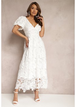 Biała Ażurowa Sukienka Koktajlowa z Bufiastymi Krótkimi Rękawami Berosa ze sklepu Renee odzież w kategorii Sukienki - zdjęcie 170931394