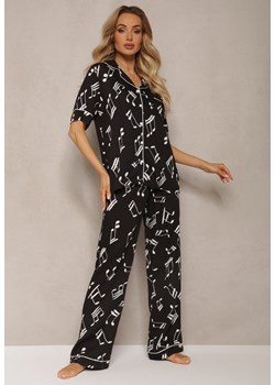 Czarny Wiskozowy Komplet Piżamowy Ozdobiony Printem Koszula na Krótki Rękaw i Długie Spodnie Angelae ze sklepu Renee odzież w kategorii Piżamy damskie - zdjęcie 170931451