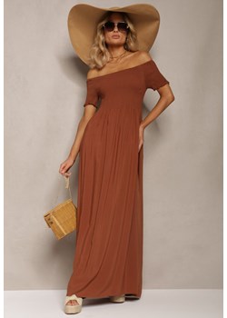 Brązowa Sukienka Bawełniana z Rozkloszowanym Dołem i Hiszpańskim Dekoltem Barino ze sklepu Renee odzież w kategorii Sukienki - zdjęcie 170931514