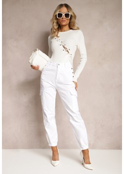 Białe Spodnie Bawełniane o Fasonie Bojówek High Waist z Guzikami Amatnosha ze sklepu Renee odzież w kategorii Spodnie damskie - zdjęcie 170941233