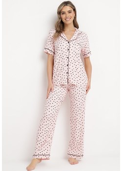 Różowy  Komplet Piżamowy w Print z Wiskozy Spodnie z Gumką w Talii i Koszulowa Góra Adispro ze sklepu Born2be Odzież w kategorii Piżamy damskie - zdjęcie 170944742