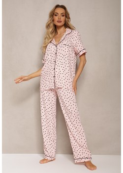 Różowy Wiskozowy Komplet Piżamowy Ozdobiony Printem Koszula na Krótki Rękaw i Długie Spodnie Angelae ze sklepu Renee odzież w kategorii Piżamy damskie - zdjęcie 170959863