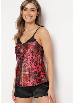 Czerwono-Czarny Satynowy Komplet Piżamowy Top z Regulowanymi Ramiączkami i Szorty Serenee ze sklepu Born2be Odzież w kategorii Piżamy damskie - zdjęcie 170960284
