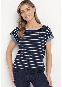 Granatowy Bawełniany T-shirt w Paski z Wywiniętym Rękawem Rosah ze sklepu Born2be Odzież w kategorii Bluzki damskie - zdjęcie 170960320