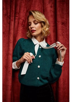 Zielony sweter damski rozpinany z bufiastymi rękawami ze sklepu 5.10.15 w kategorii Swetry damskie - zdjęcie 170964213